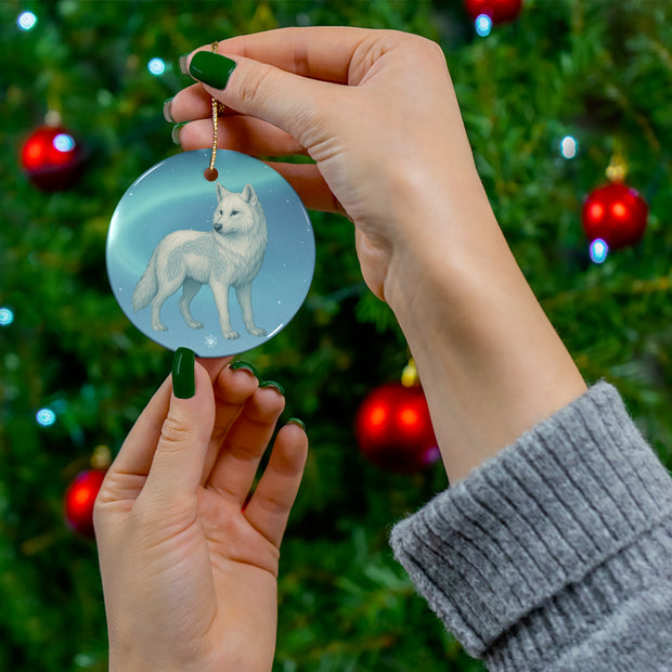 Winter Arctic Wolf Christmas Ornament | Fantasy Holiday Décor (circle, heart, star, & snowflake)