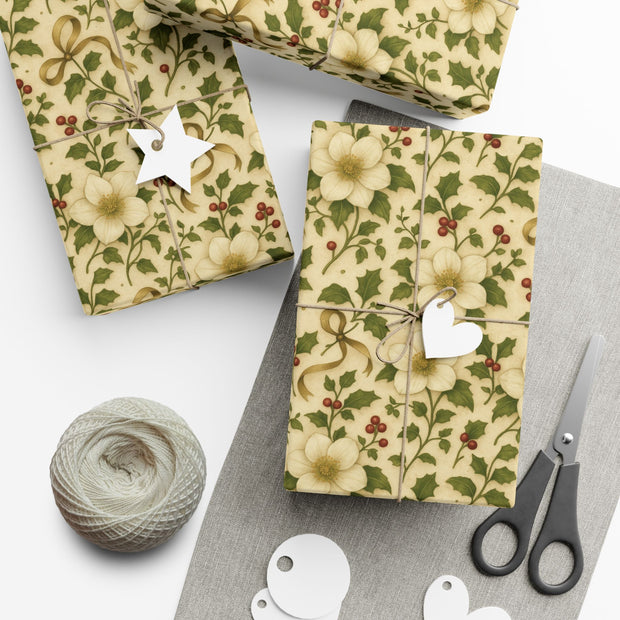 Winter Rose Botanical Gift Wrap – English Christmas Rose Pattern on Vintage Parchment | Winter Isles Botanical Series by The Teal Leopard