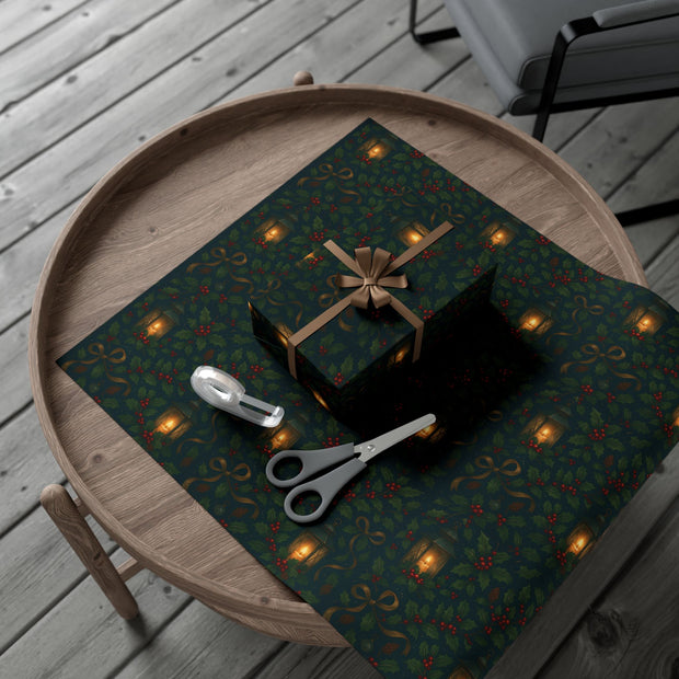 Christmas Lantern Gift Wrap - Vintage Lantern Holiday Wrapping Paper - Winter Botanical Heritage Design | Winter Botainical Trio Series by The Teal Leopard™