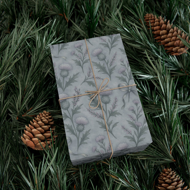 Frosted Thistle Botanical Gift Wrap – Scottish Winter Thistle & Heather Pattern in Cool Highlands Tones | Winter Isles Botanical Series by The Teal Leopard