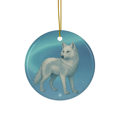 Winter Arctic Wolf Christmas Ornament | Fantasy Holiday Décor (circle, heart, star, & snowflake)
