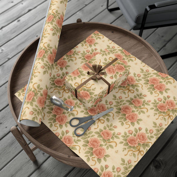 Vintage Rose Christmas Gift Wrap - Romantic Winter Floral Wrapping Paper - Holiday Rose & Ribbon Pattern | Winter Rose & Ribbon, Winter Botanical Trio by The Teal Leopard™