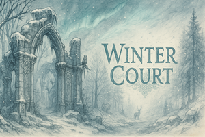 Winter Court Collection banner - frozen forest ruins with aurora and guardians, by the Teal Leopard.