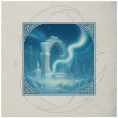 Aurora Veil fantasy card. Winter Court relic woven of Aurora light, artwork by Marilie Wood Smock of the Teal Leopard.