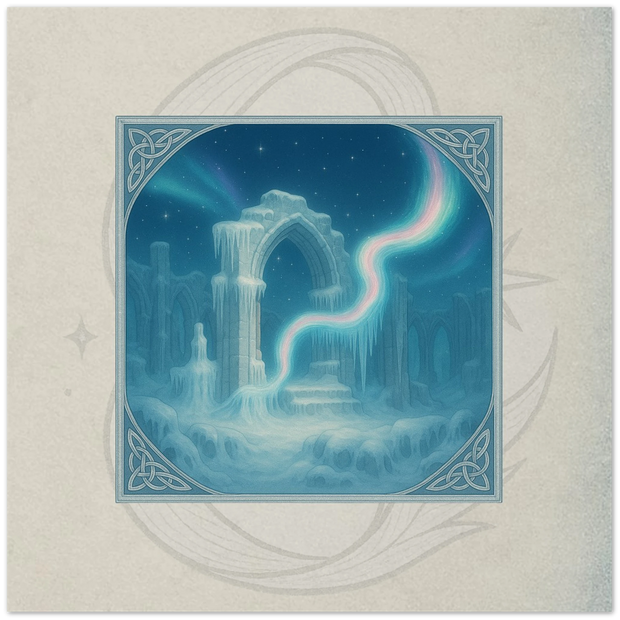Aurora Veil fantasy card. Winter Court relic woven of Aurora light, artwork by Marilie Wood Smock of the Teal Leopard.