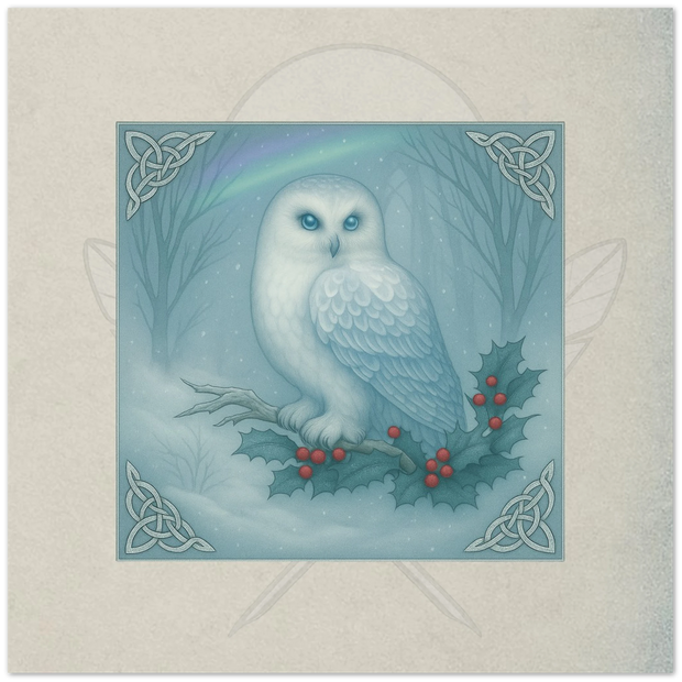 Snowy Owl greeting card. Orrwyn Eyes of the Moon, fantasy owl artwork by Marilie Wood Smock of the Teal Leopard.
