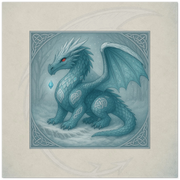 Winter Dragon greeting card; Aethryss Stormborne Sentinel, fantasy frost dragon artwork by the Teal Leopard
