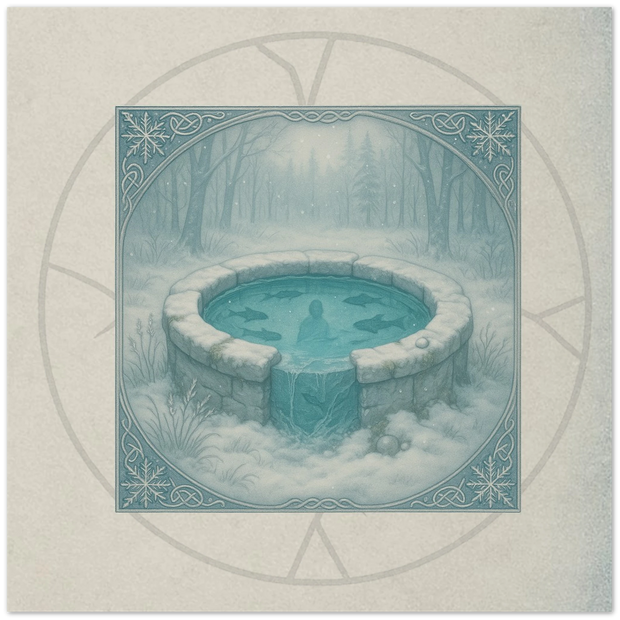 Frostwell fantasy card. Winter Court realm of frozen prophecy and crystal reflection, artwork by Marilie Wood Smock of the Teal Leopard.