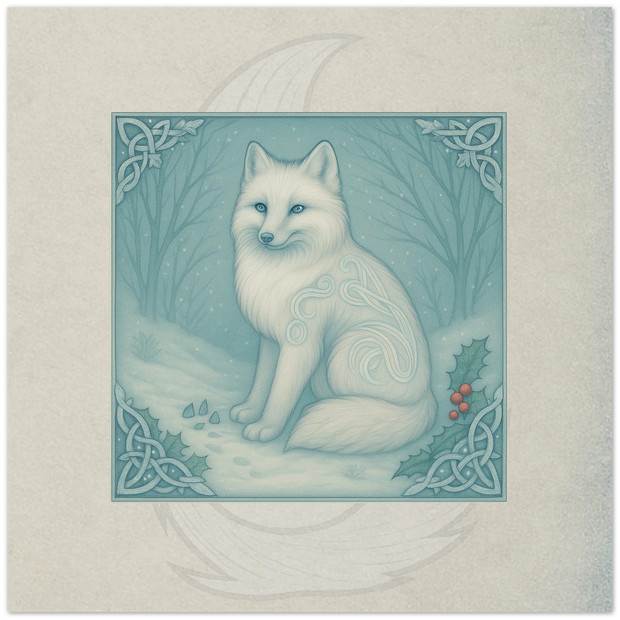 Frost Fox greeting card. Lirael, Whisper of the Whitewood, fantasy winter fox artwork by Marilie Wood Smock of the Teal Leopard.
