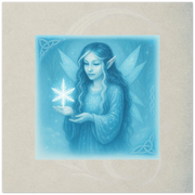 Winter Frost Sprite greeting card. Crisaline, Wisp of Crystal Wonder, fantasy sprite artwork by Marilie Wood Smock of the Teal Leopard