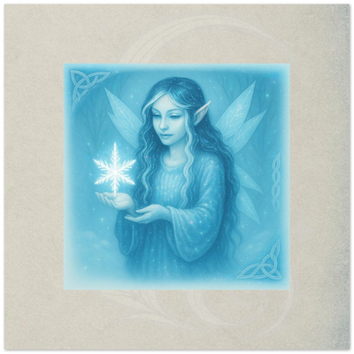 Winter Frost Sprite greeting card. Crisaline, Wisp of Crystal Wonder, fantasy sprite artwork by Marilie Wood Smock of the Teal Leopard