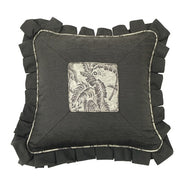 Box Pleated Ruffle Pillow Cover w/Center Medallion 19x19 - Black & Grey
