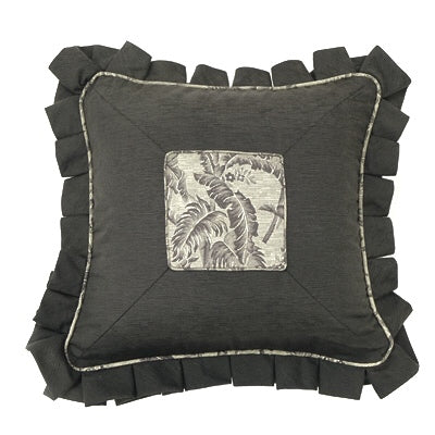 Box Pleated Ruffle Pillow Cover w/Center Medallion 19x19 - Black & Grey