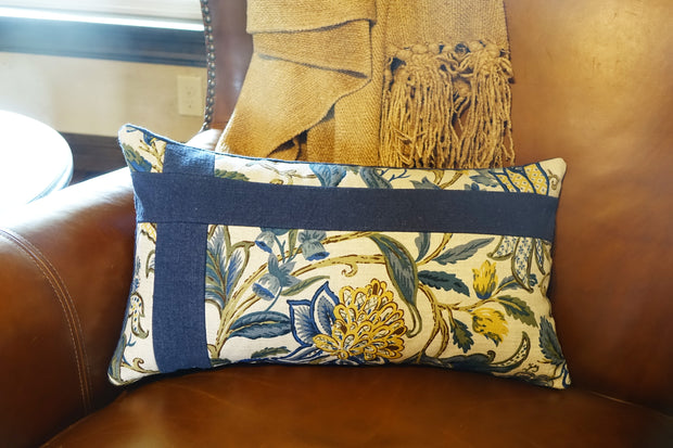 Knife Edge Lumbar Pillow Cover w/Banding - 12x20 - Floral Blue & Yellow