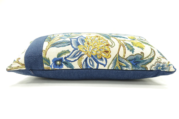 Knife Edge Lumbar Pillow Cover w/Banding - 12x20 - Floral Blue & Yellow
